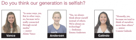 Me, Myself and I: Generation deemed selfish, needs to consider others
