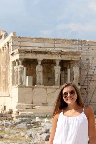 Freshman Lexi Dross standing in front of the Parthenon, on July 4, 2015. The building she is standing in front of is over 2,500 years old. "It took my mom and I 30 minutes to walk up the mountain to see it," Drosos said. Photo by Kristine Dross