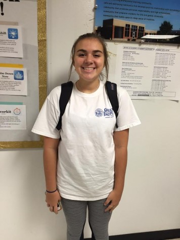 Lexi Drosos in school talking about Greece trip, on October 27, 2015. Over the summer freshman went to Greece for over two weeks during the summer of 2015. “The trip was so much fun, but I’m glad to be back in Kansas with my friends,” Drosos said. Photo taken by Hanna Jones.