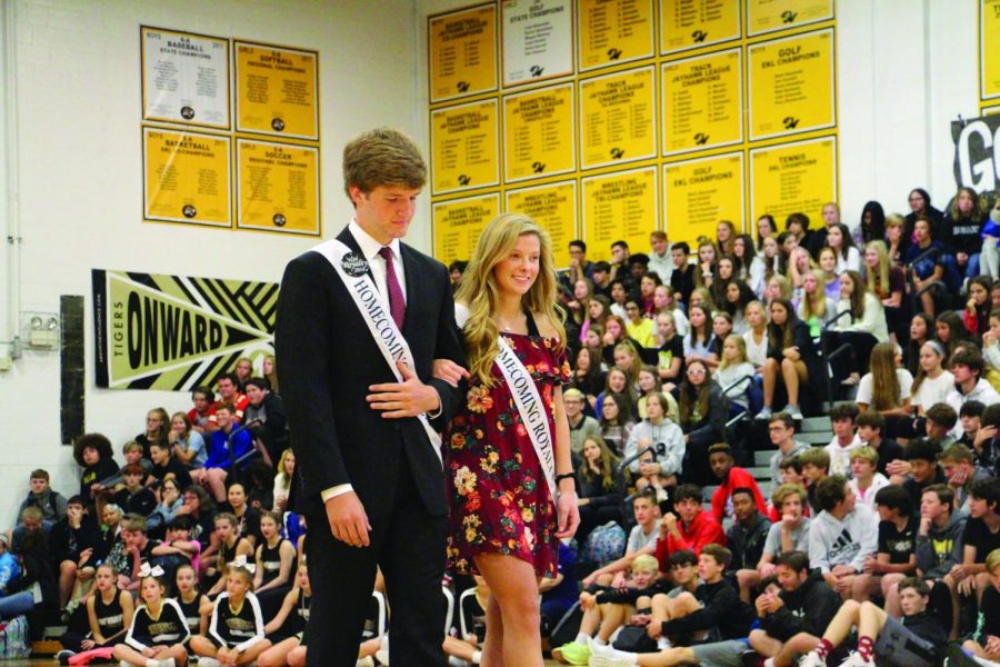 Walking at the Homecoming assembly, juniors Will Montgomery and Julia Pettijohn are the junior attendants. “I got to walk on the field Friday night with my dad,” Pettijohn said. “That was really emotional because my mom couldn’t make it.”